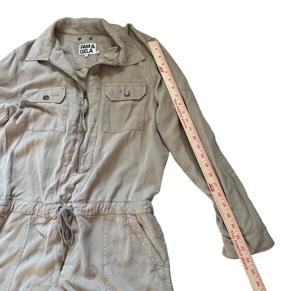 Pam & Gela Womens Long Sleeve Utility Romper Drawstring Waist Medium Lyocell Bei - Picture 7 of 11